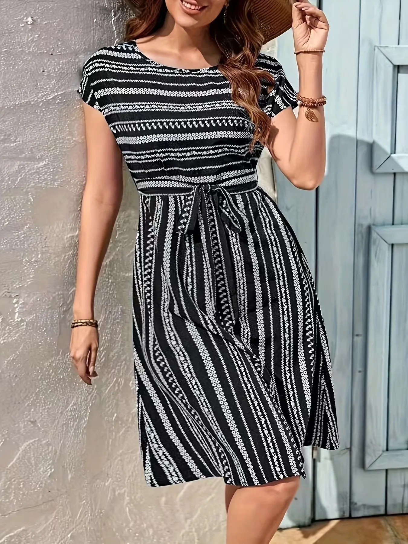 Striped Round Neck Short Sleeve Casual Dress - Image 7