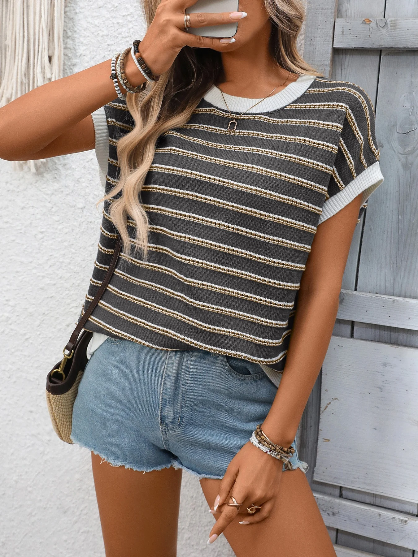 Striped Round Neck Short Sleeve Sweater - Image 11