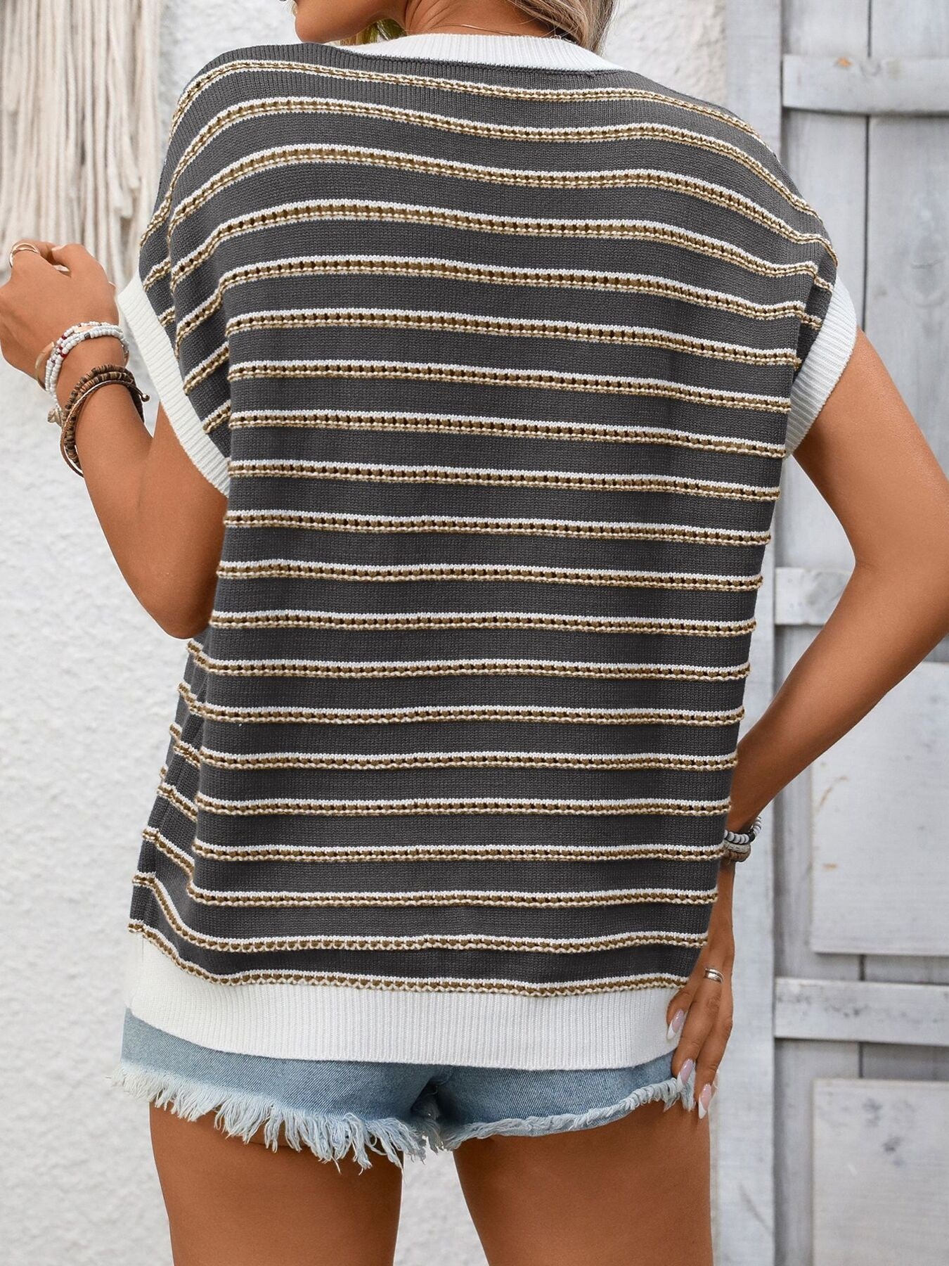 Striped Round Neck Short Sleeve Sweater - Image 14