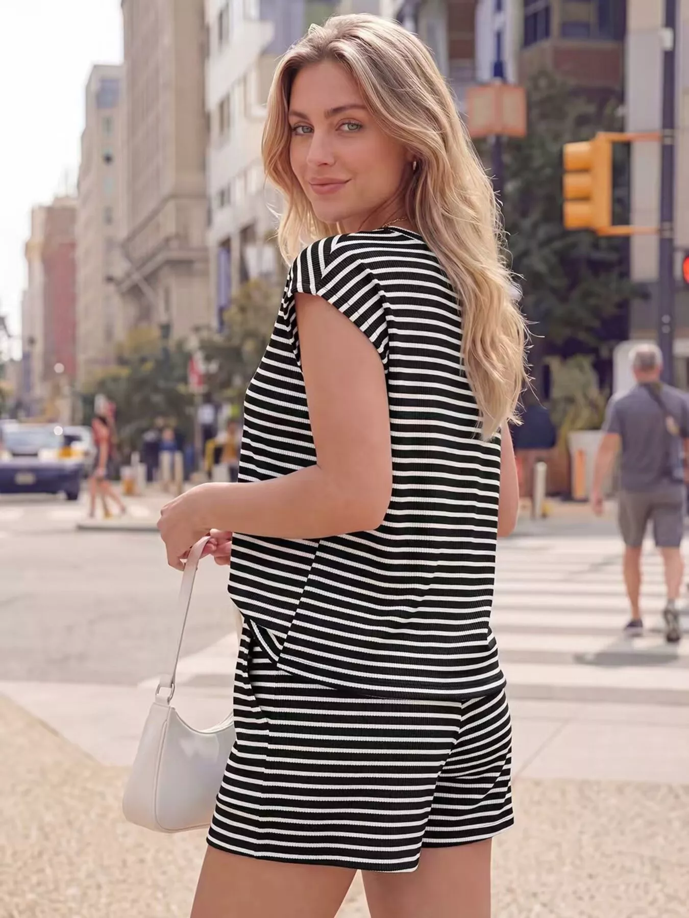 Striped Round Neck Tee and Shorts Set - Image 3