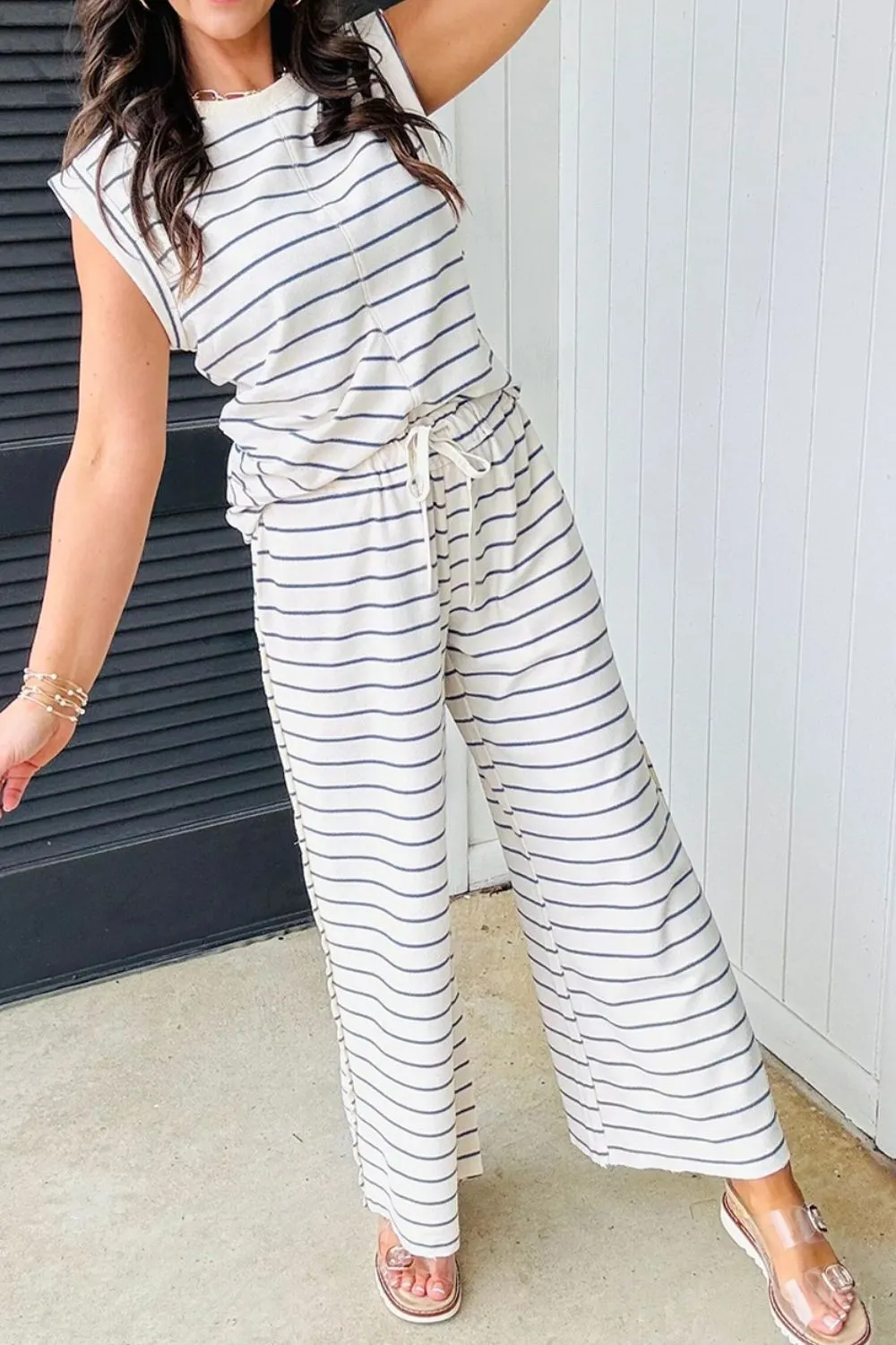Striped Round Neck Top and Pants Set - Image 3