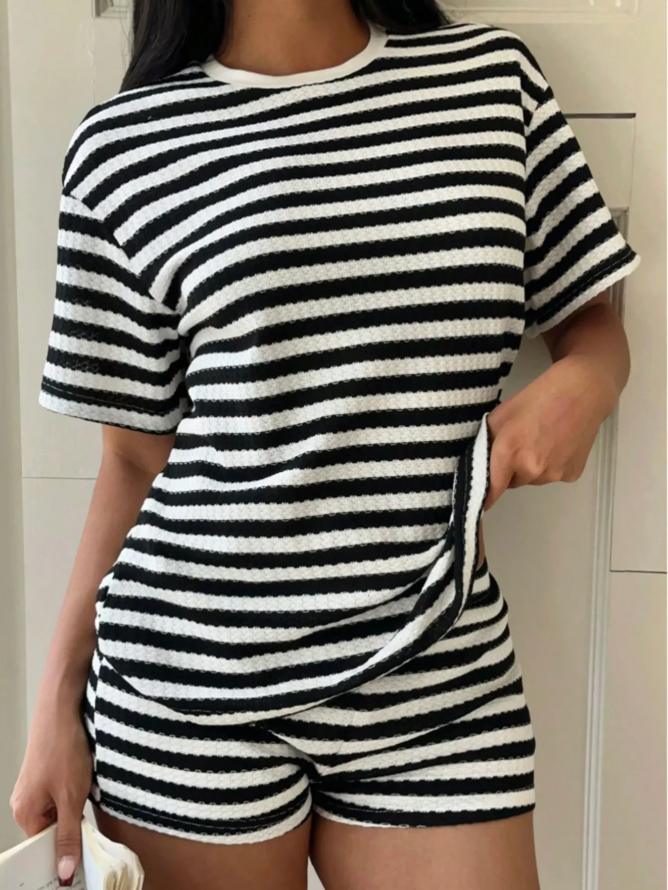 Striped Round Neck Top and Shorts Set - Image 6