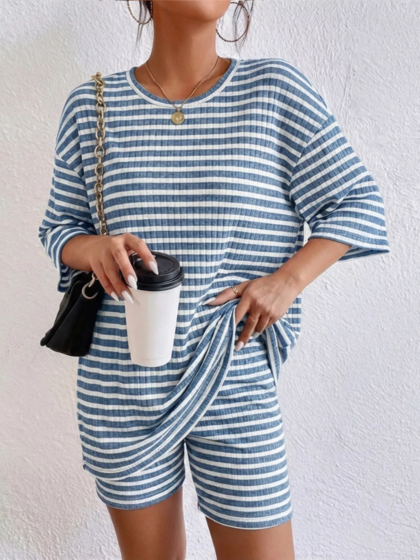 Striped Round Neck Top and Shorts Set - Image 11