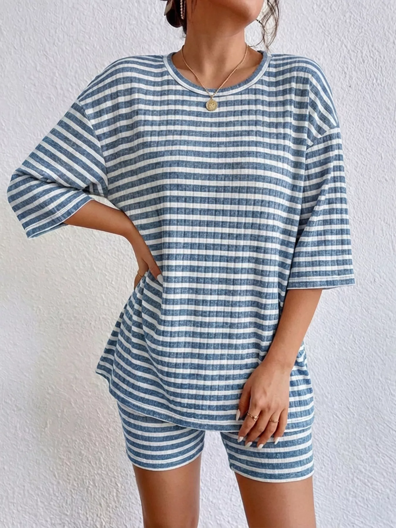 Striped Round Neck Top and Shorts Set - Image 12