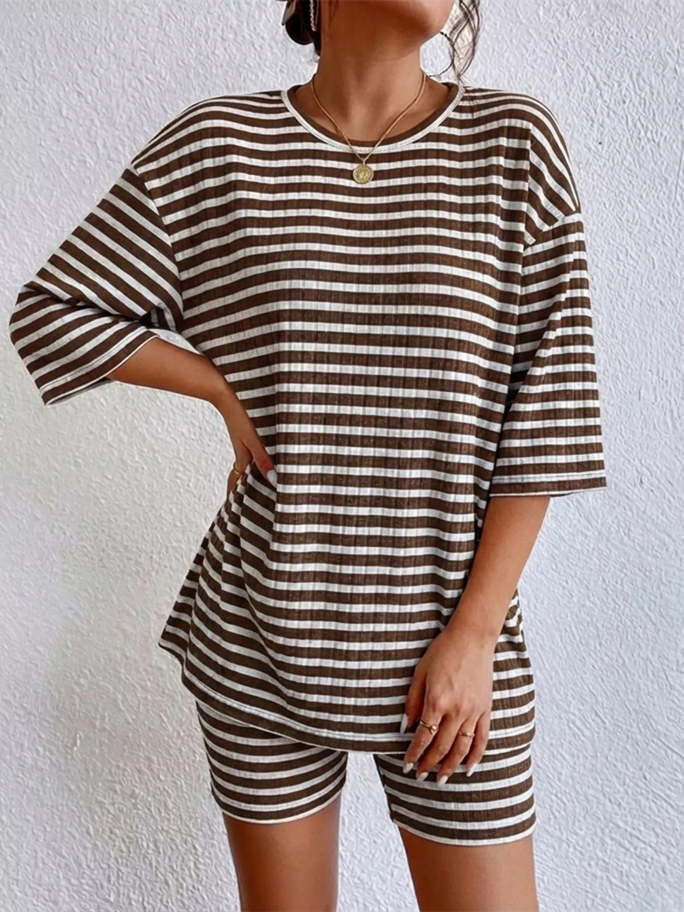 Striped Round Neck Top and Shorts Set - Image 17