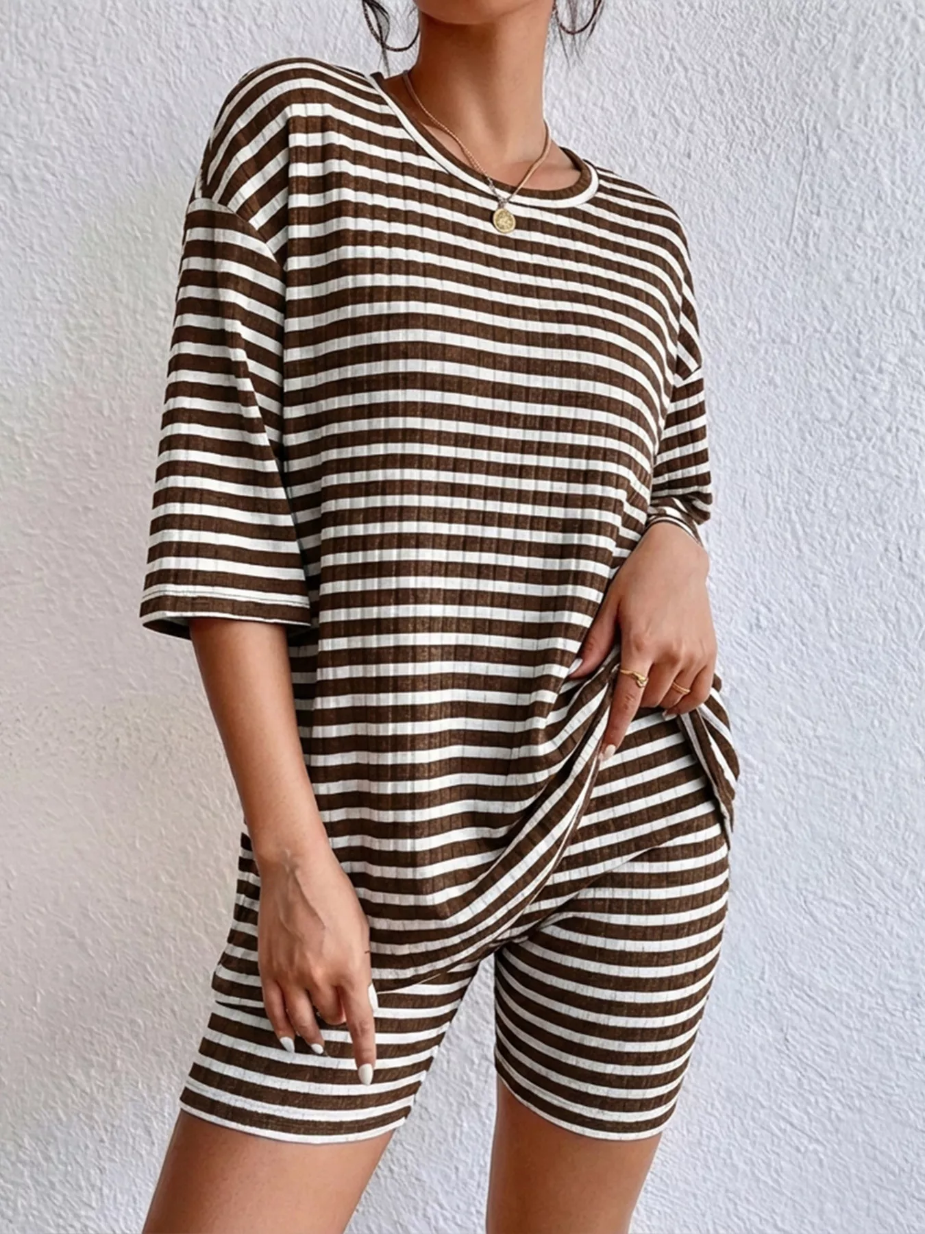 Striped Round Neck Top and Shorts Set - Image 18