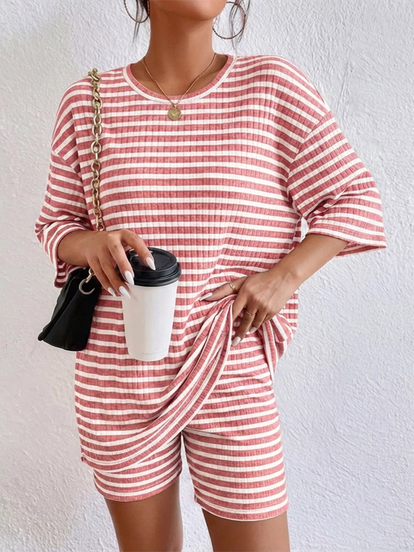 Striped Round Neck Top and Shorts Set - Image 2