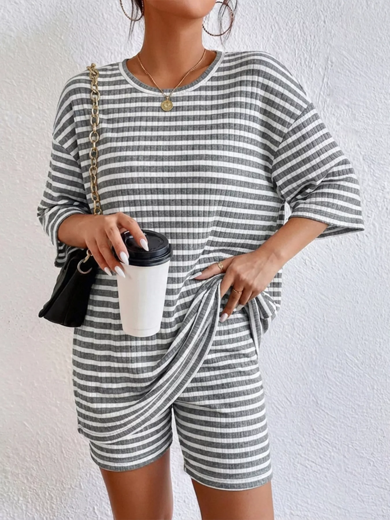 Striped Round Neck Top and Shorts Set - Image 22