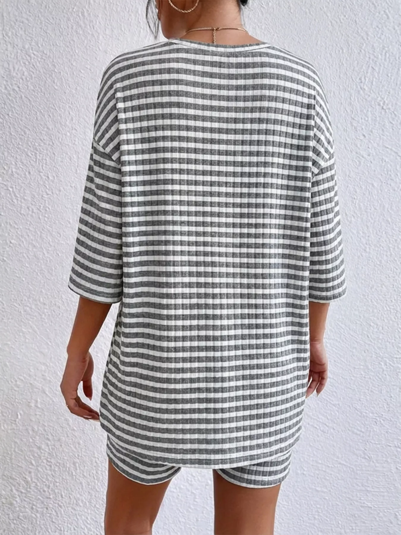 Striped Round Neck Top and Shorts Set - Image 25