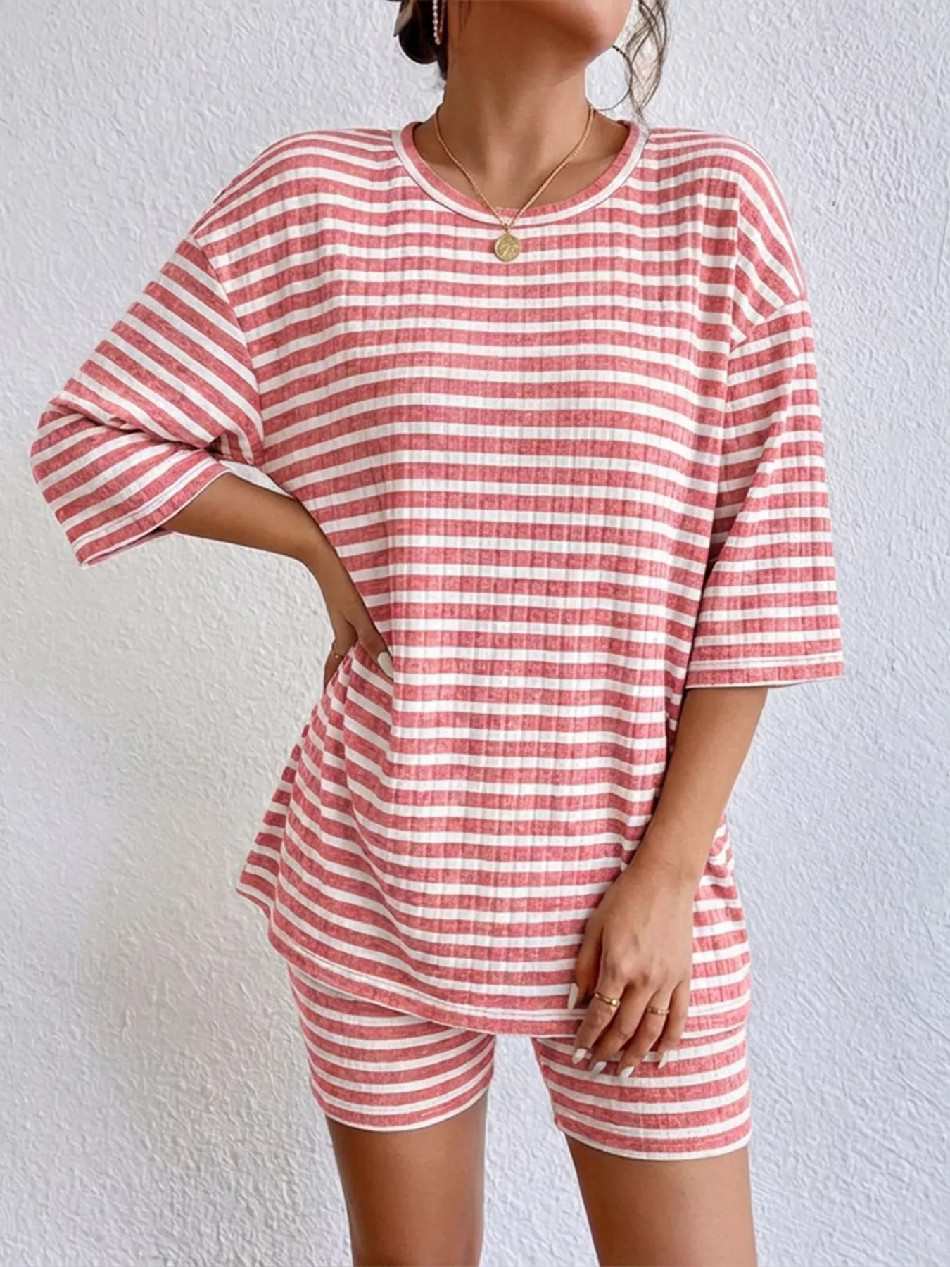 Striped Round Neck Top and Shorts Set - Image 4