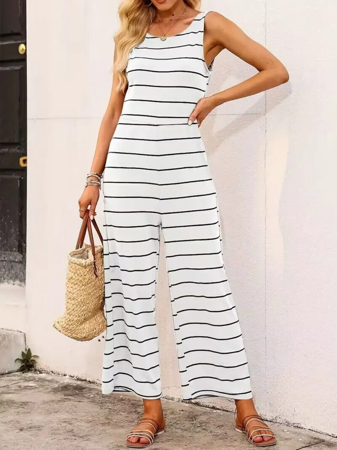 Striped Round Neck Wide Leg Jumpsuit - Image 3