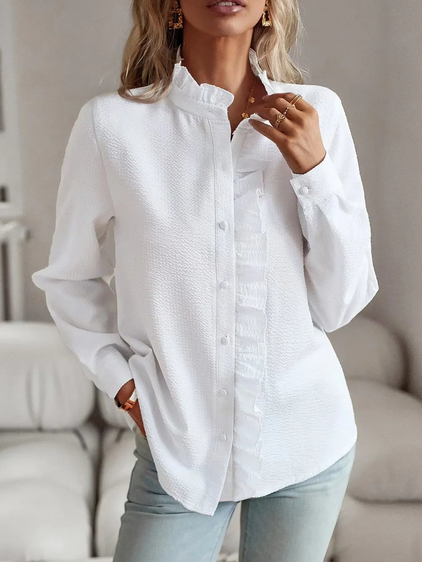 Striped Ruffle Detail Button-Up Blouse - Image 7