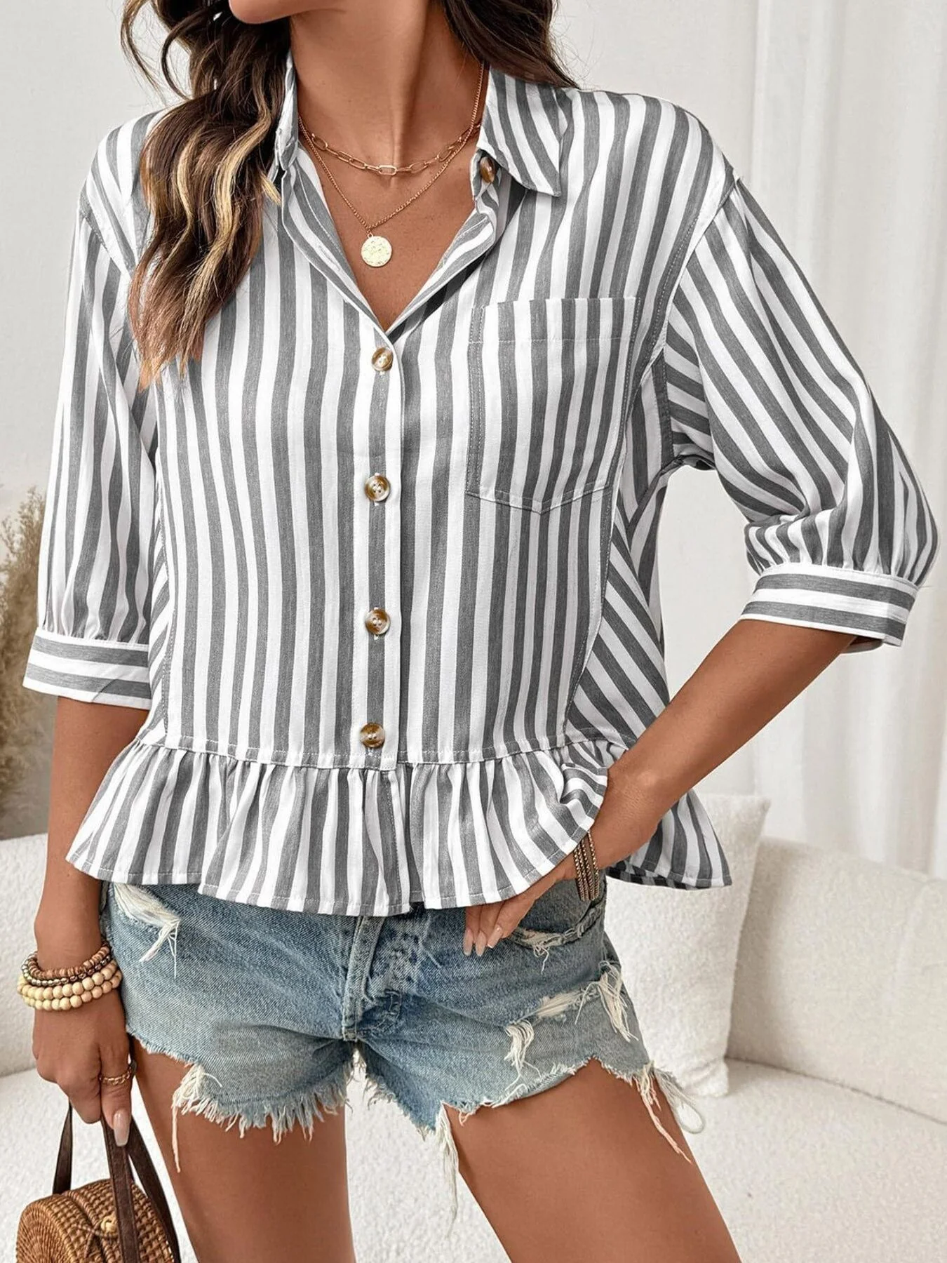Striped Ruffle Hem Button-Down Shirt - Image 10