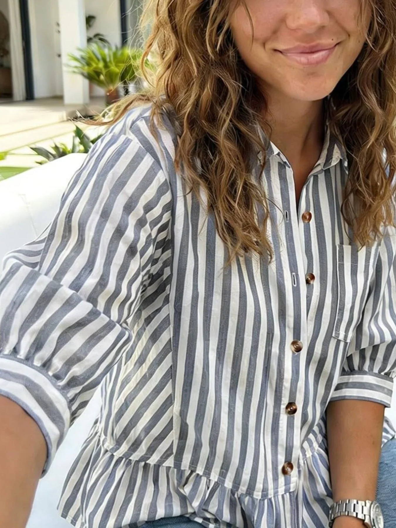 Striped Ruffle Hem Button-Down Shirt - Image 11