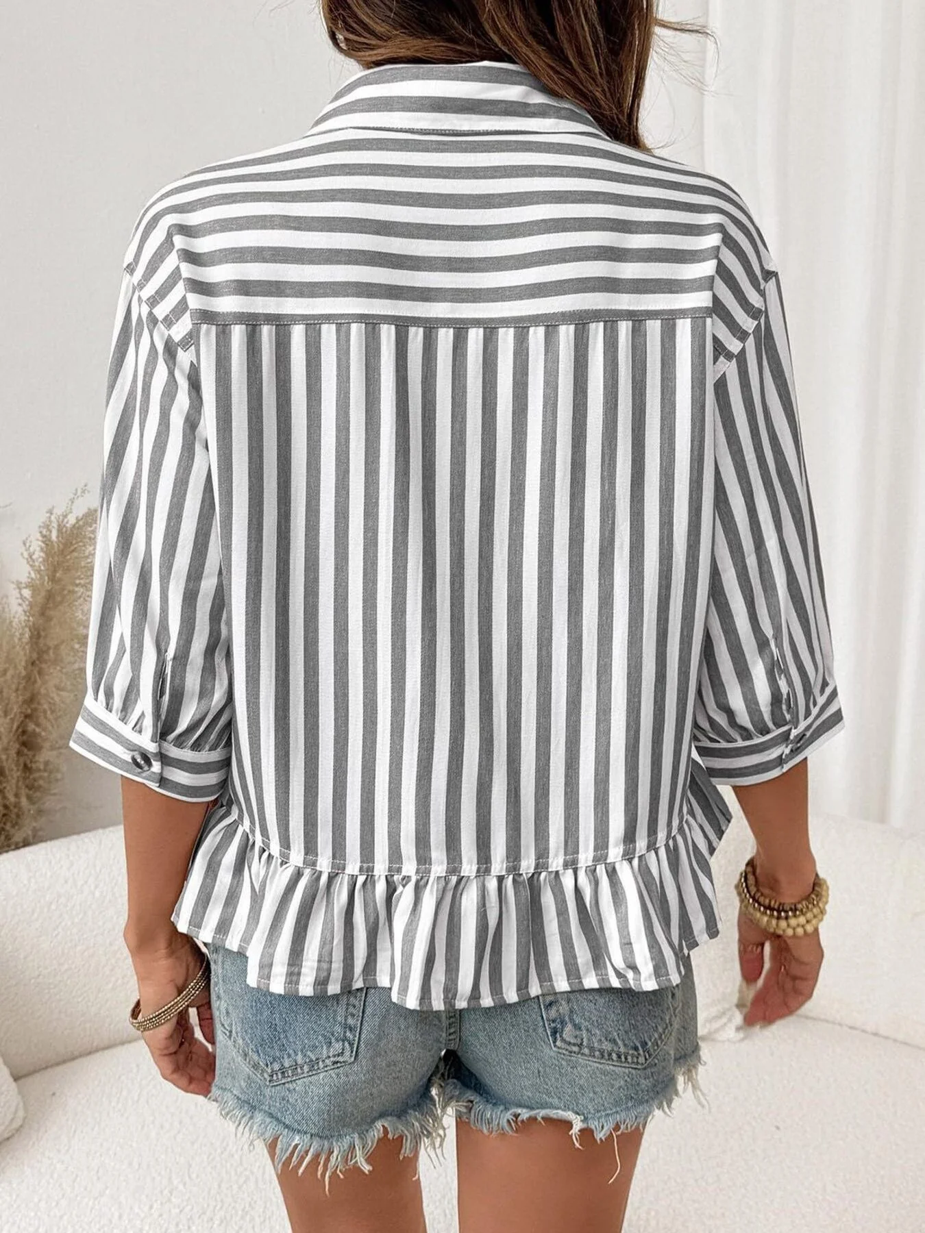 Striped Ruffle Hem Button-Down Shirt - Image 13
