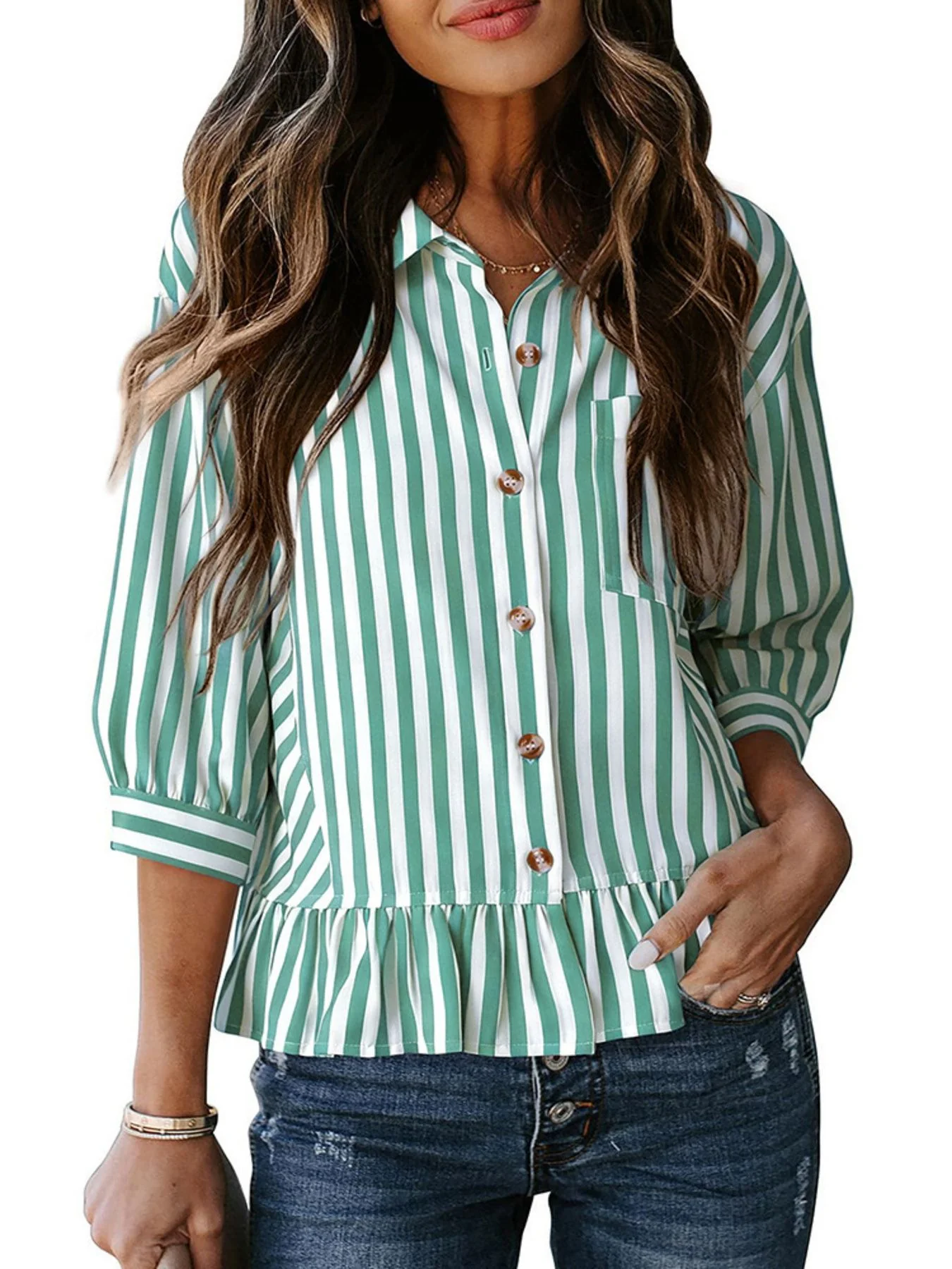 Striped Ruffle Hem Button-Down Shirt - Image 14