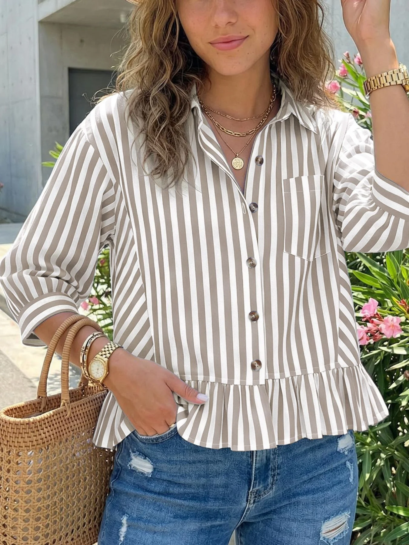 Striped Ruffle Hem Button-Down Shirt - Image 19