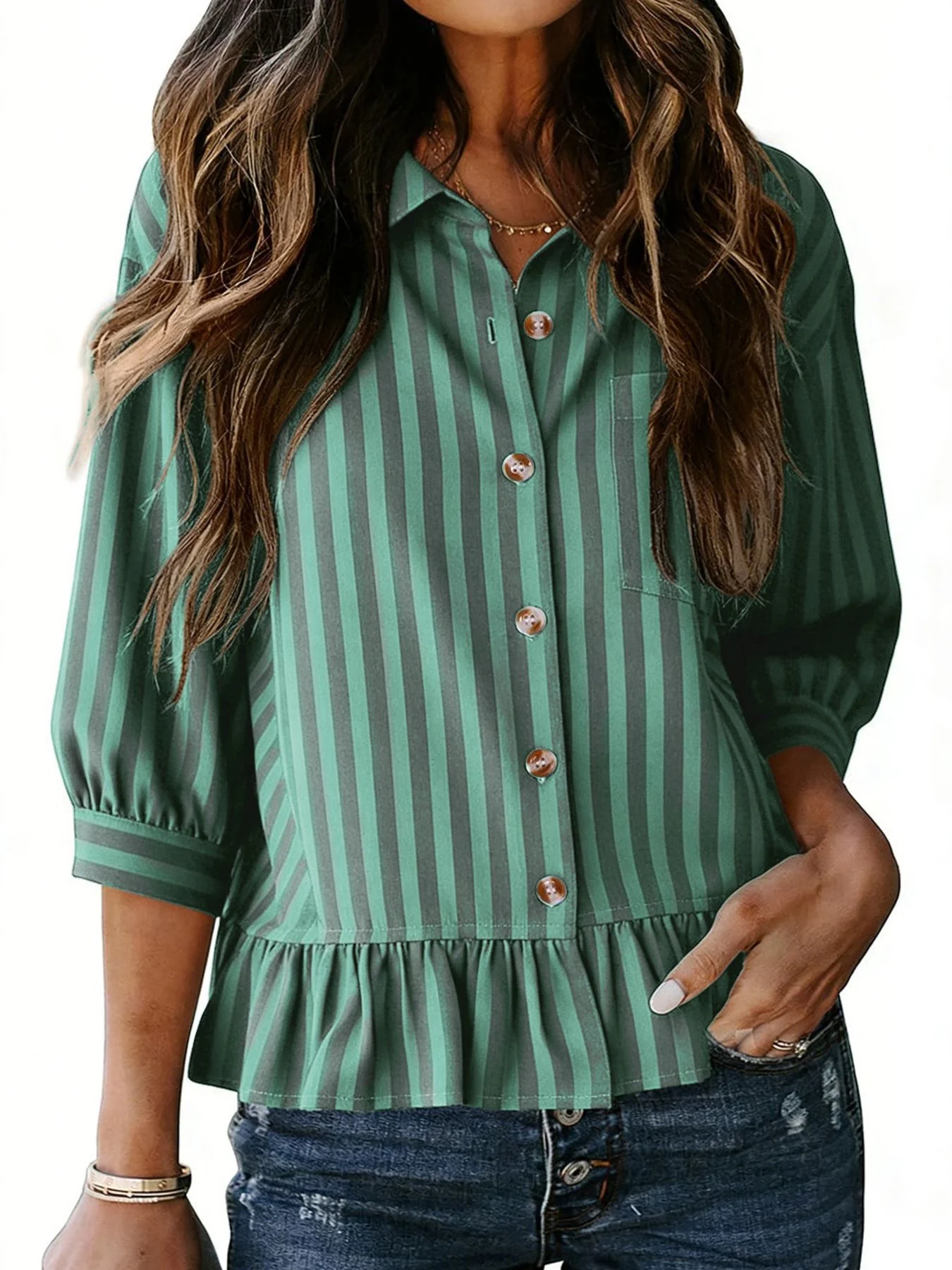 Striped Ruffle Hem Button-Down Shirt - Image 5