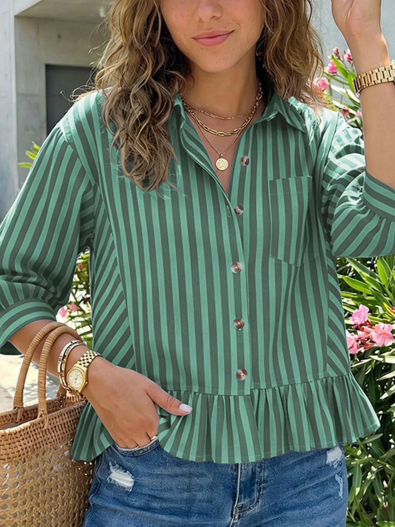Striped Ruffle Hem Button-Down Shirt - Image 6