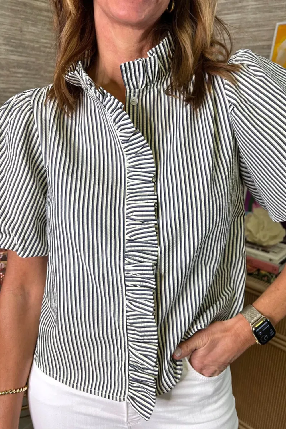Striped Ruffle Short Bubble Sleeve Shirt - Image 3