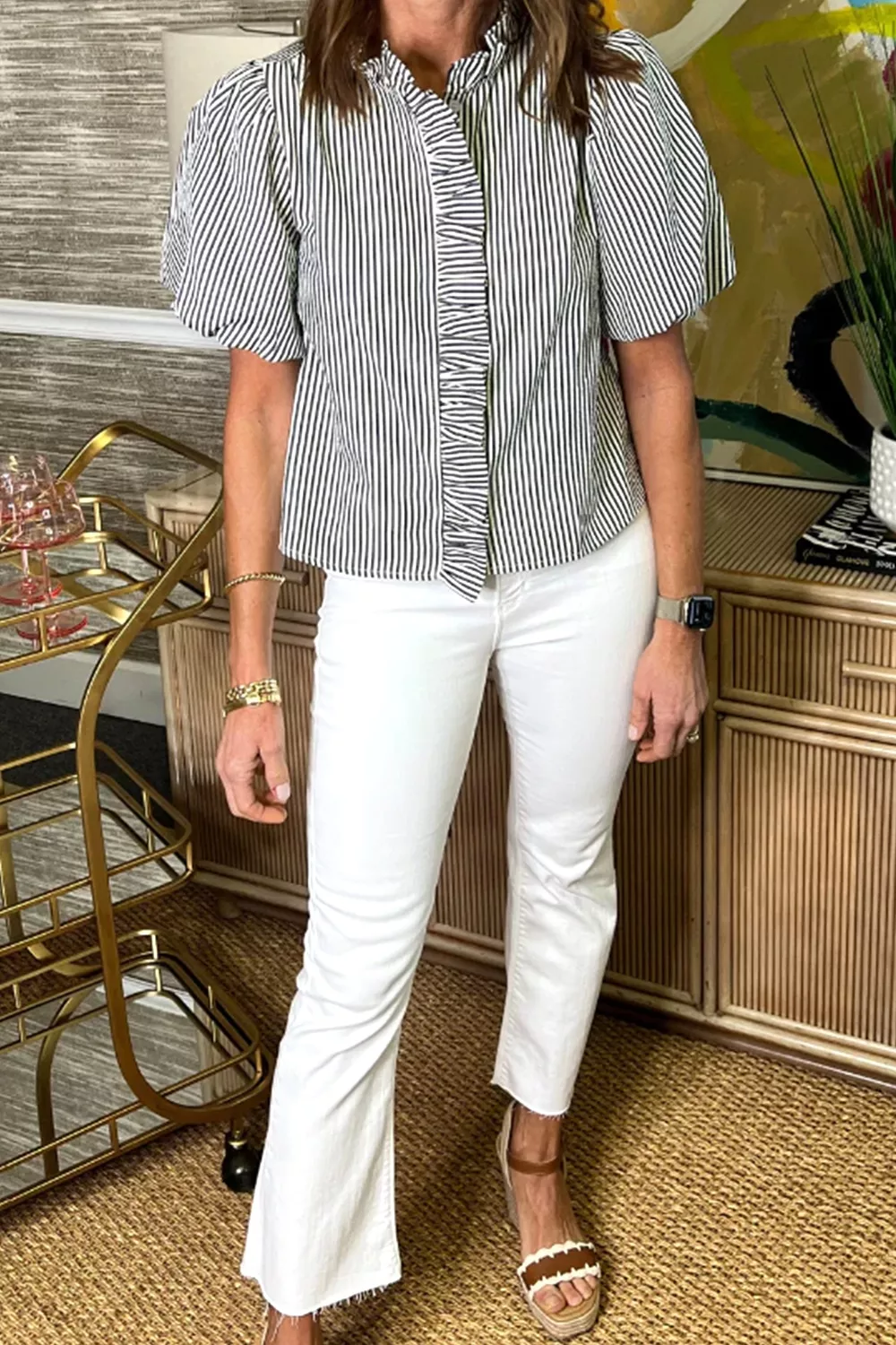 Striped Ruffle Short Bubble Sleeve Shirt - Image 4