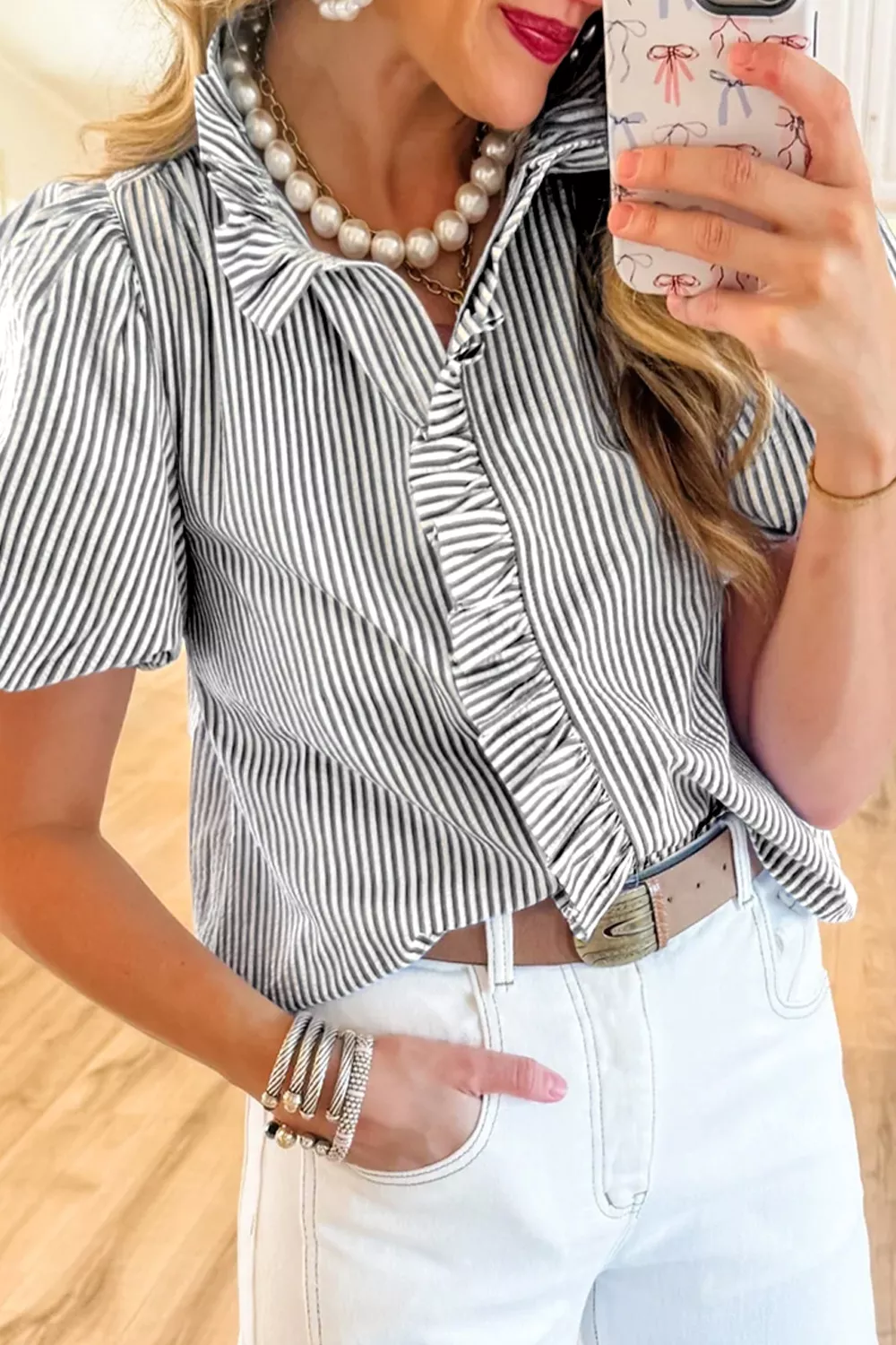 Striped Ruffle Short Bubble Sleeve Shirt - Image 5