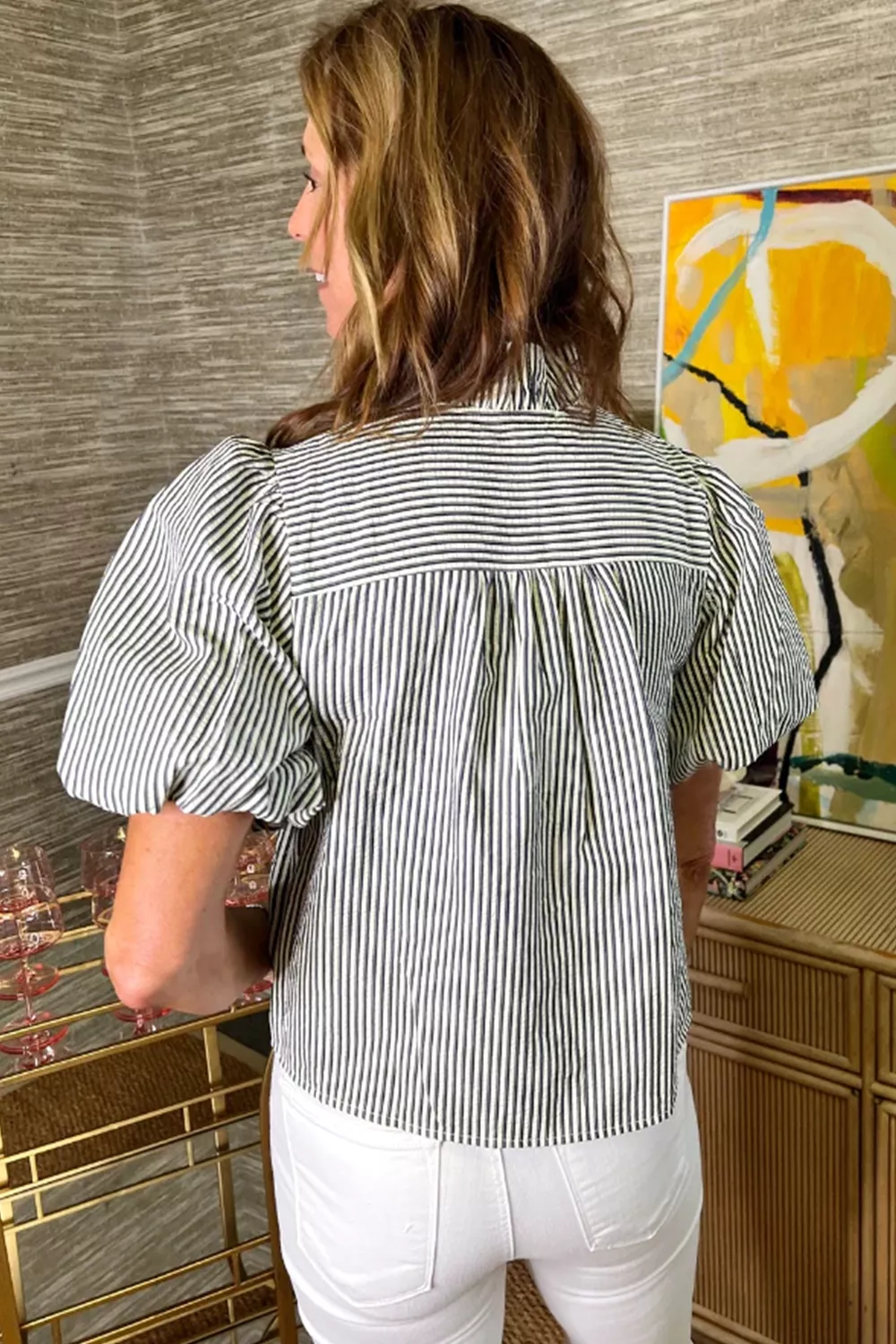 Striped Ruffle Short Bubble Sleeve Shirt - Image 6
