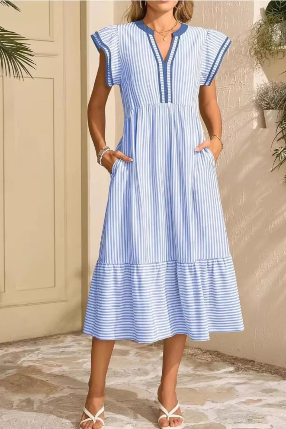 Striped Ruffle Sleeve Midi Dress - Image 10