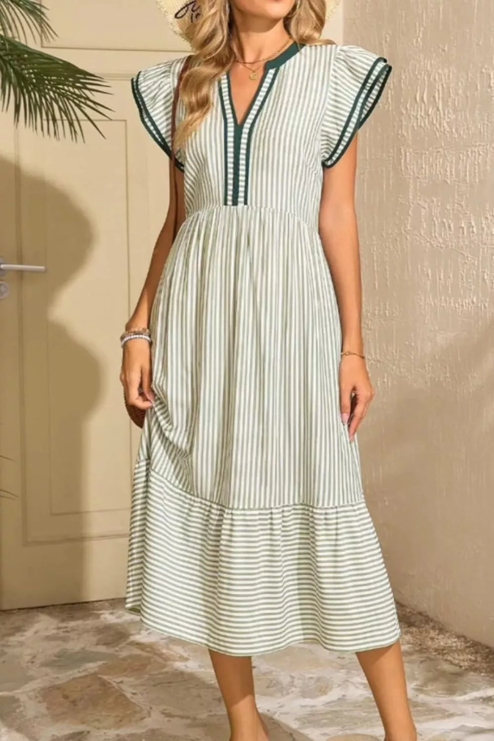 Striped Ruffle Sleeve Midi Dress - Image 4