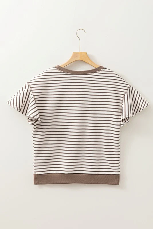 Striped Ruffle Sleeve Round Neck Cotton Top - Image 6