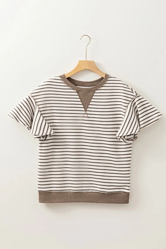Striped Ruffle Sleeve Round Neck Cotton Top - Image 7