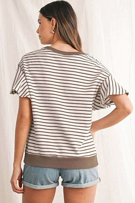 Striped Ruffle Sleeve Round Neck Cotton Top - Image 8