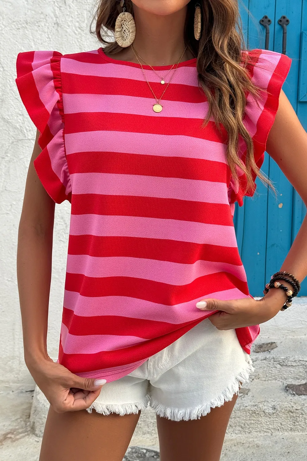 Striped Ruffle Sleeve Summer T-Shirt - Image 5
