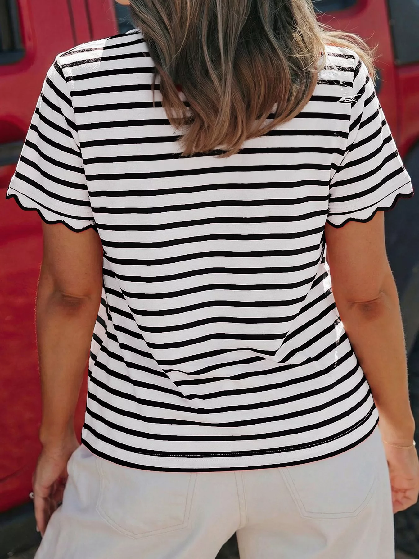 Striped Scallop-Trimmed Round Neck T-Shirt - Image 5