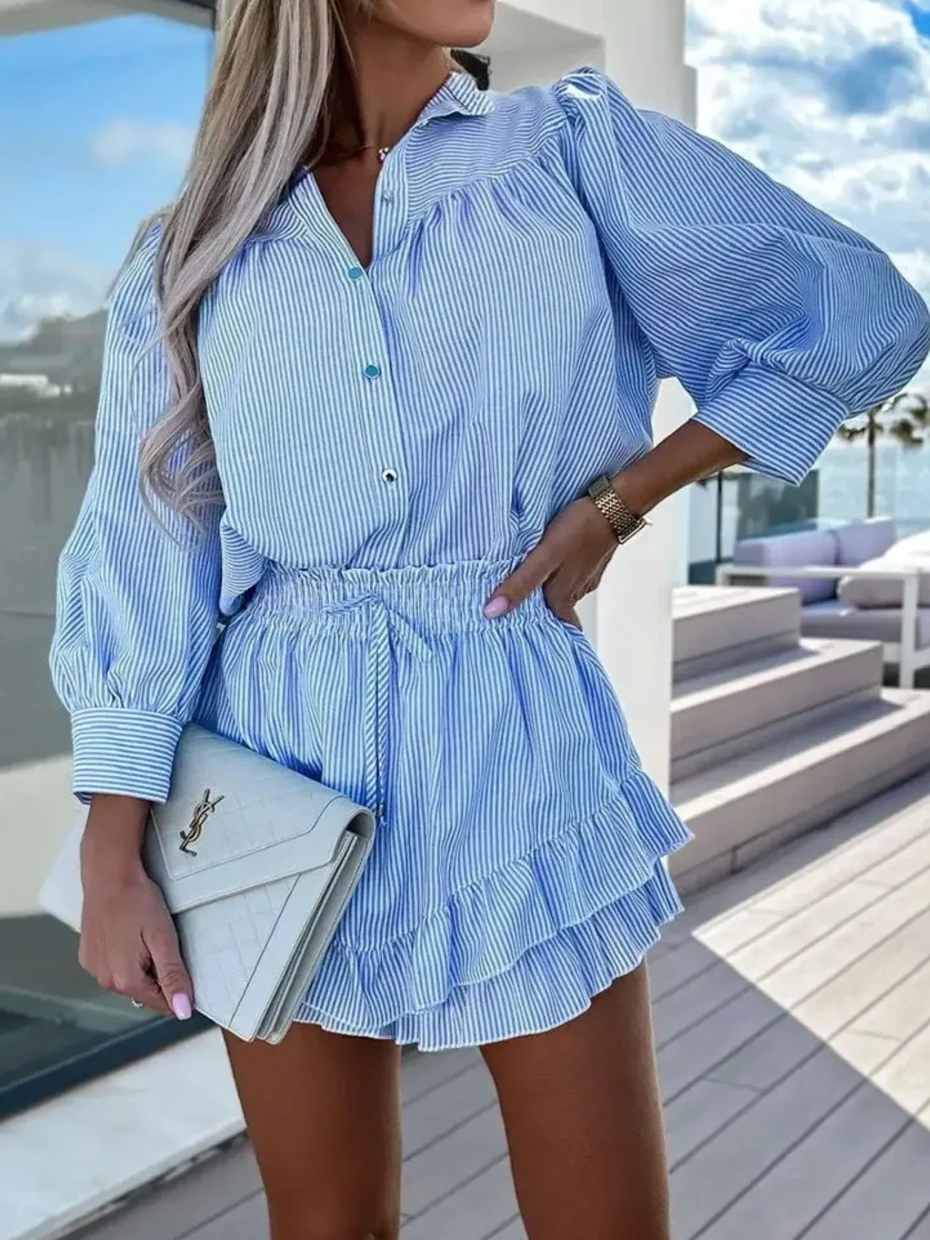 Striped Shirt and Skirt Set with Ruffle Details - Image 5