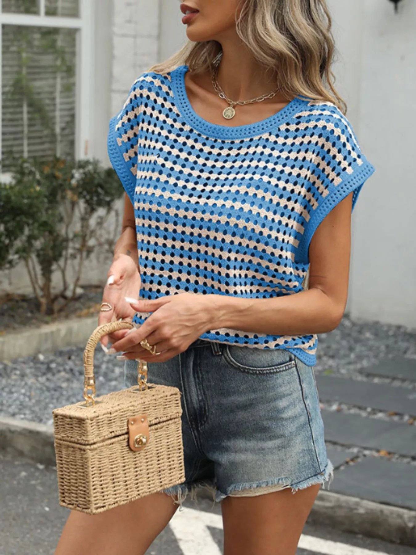 Striped Short Sleeve Crochet Knit Top - Image 9