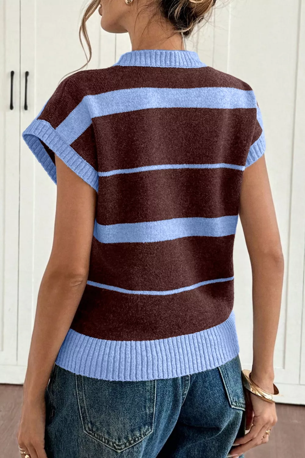 Striped Short Sleeve Round Neck Casual Knit Top - Image 3