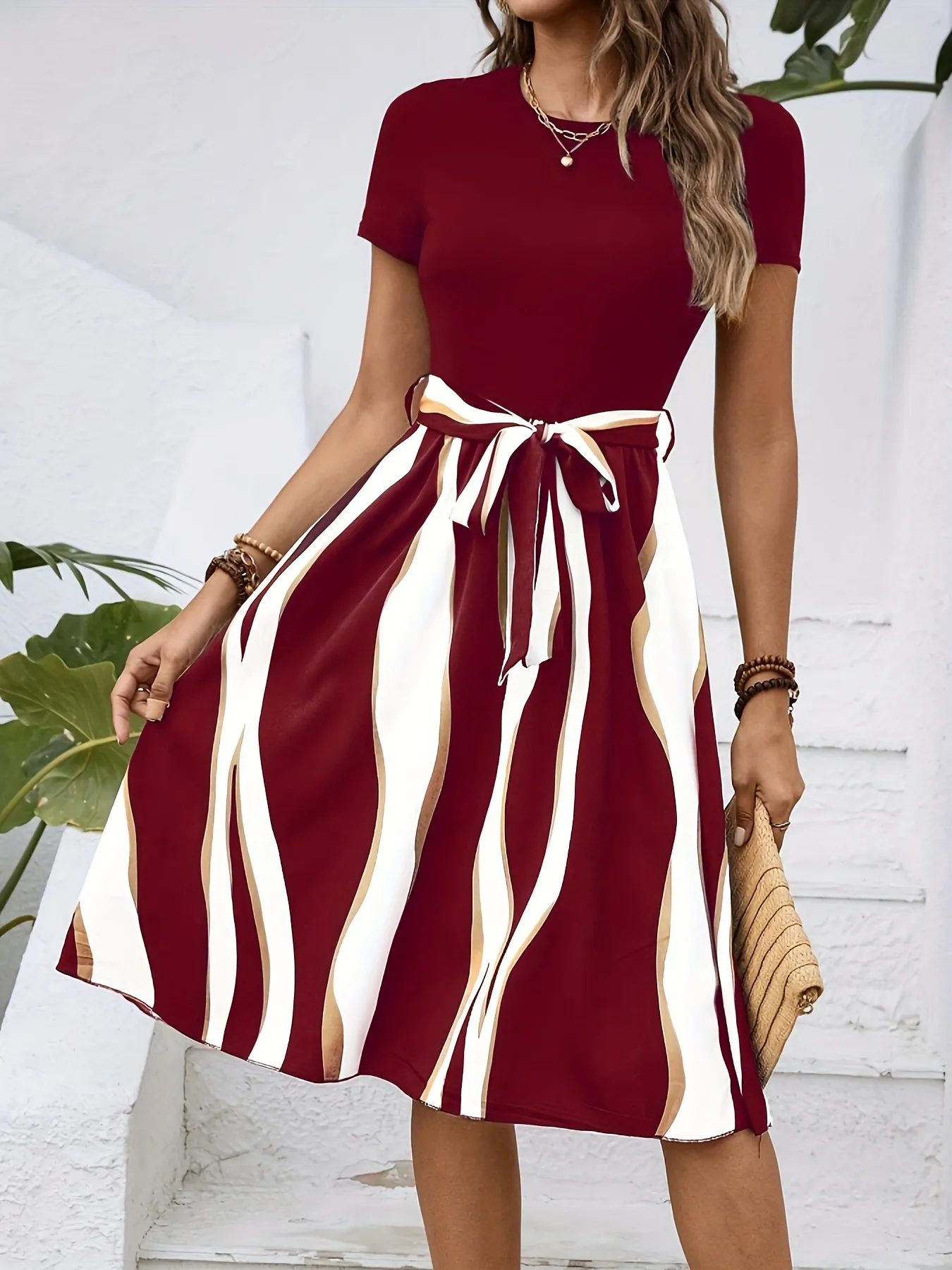 Striped Short Sleeve Tie Waist Dress - Image 10