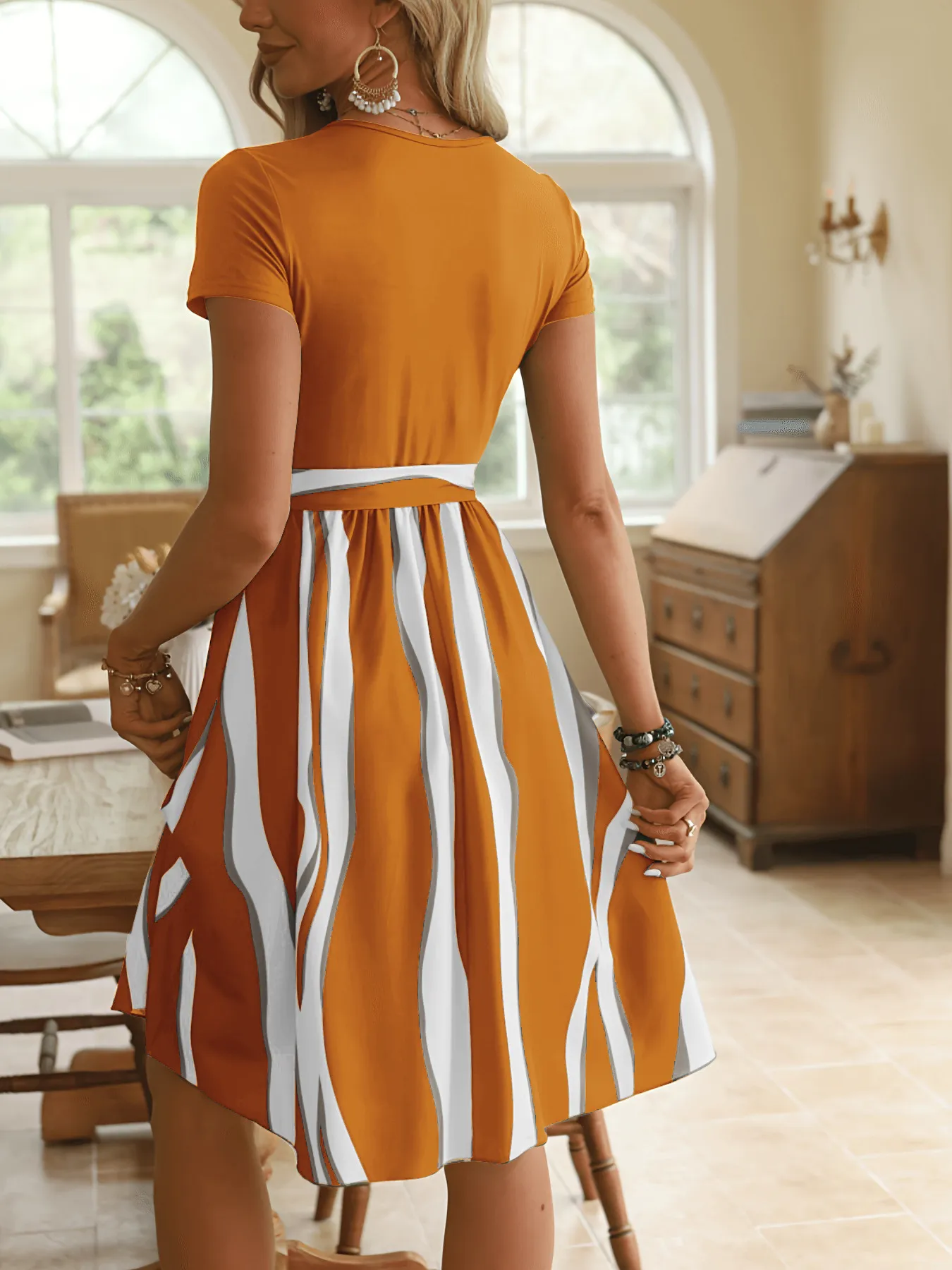 Striped Short Sleeve Tie Waist Dress - Image 22