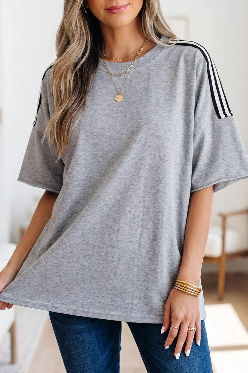 Striped Shoulder Relaxed Fit T-Shirt - Image 2