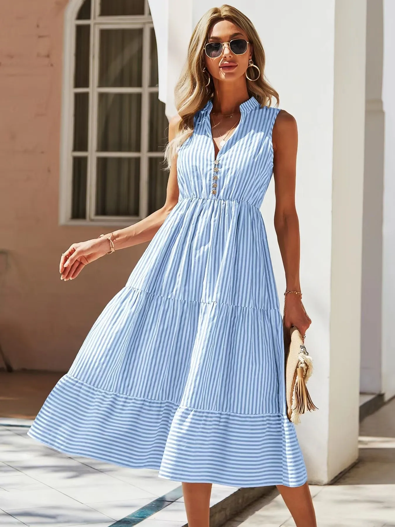 Striped Sleeveless Tiered Midi Dress - Image 3