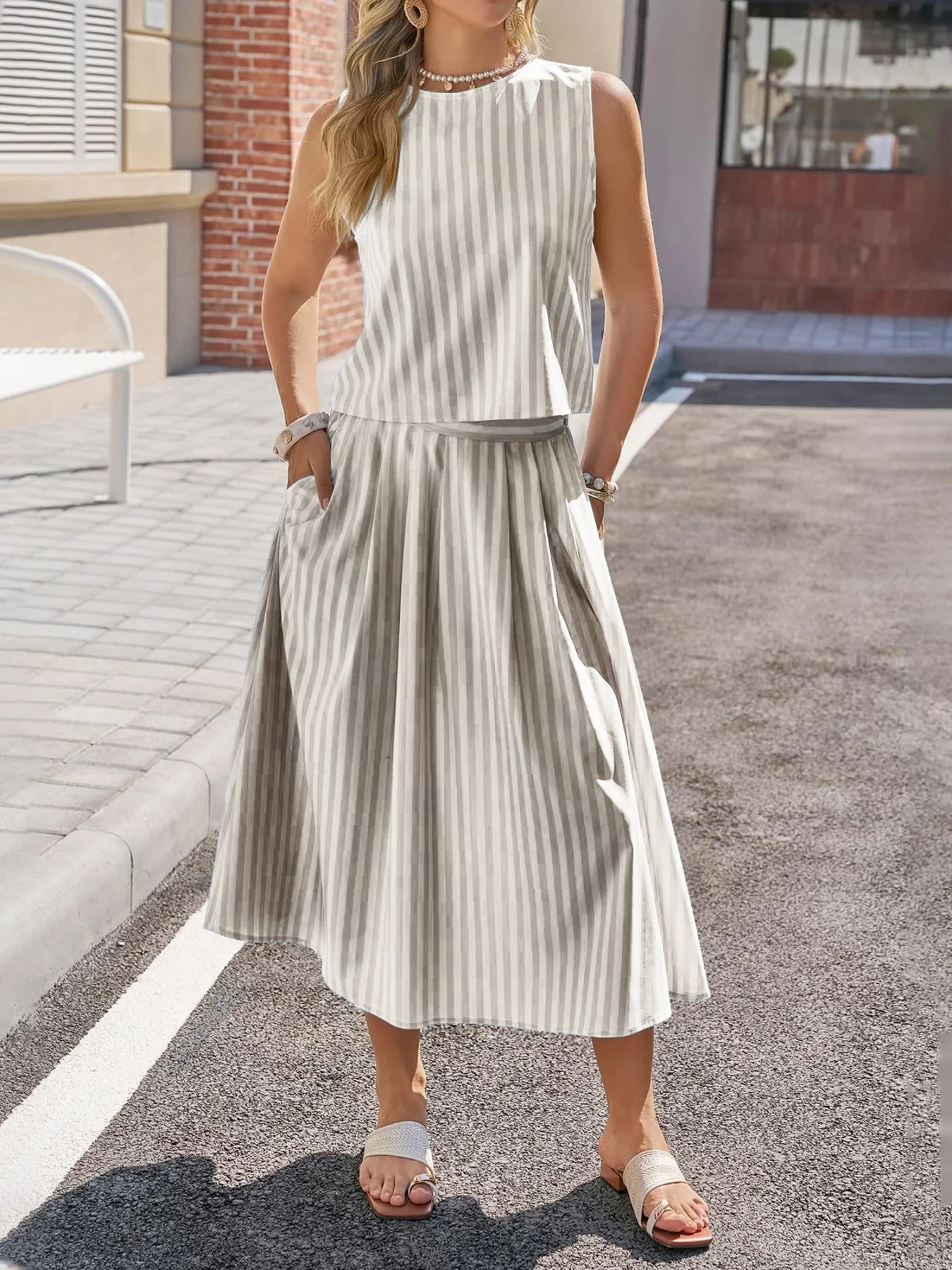 Striped Sleeveless Top and Midi Skirt Set - Image 13