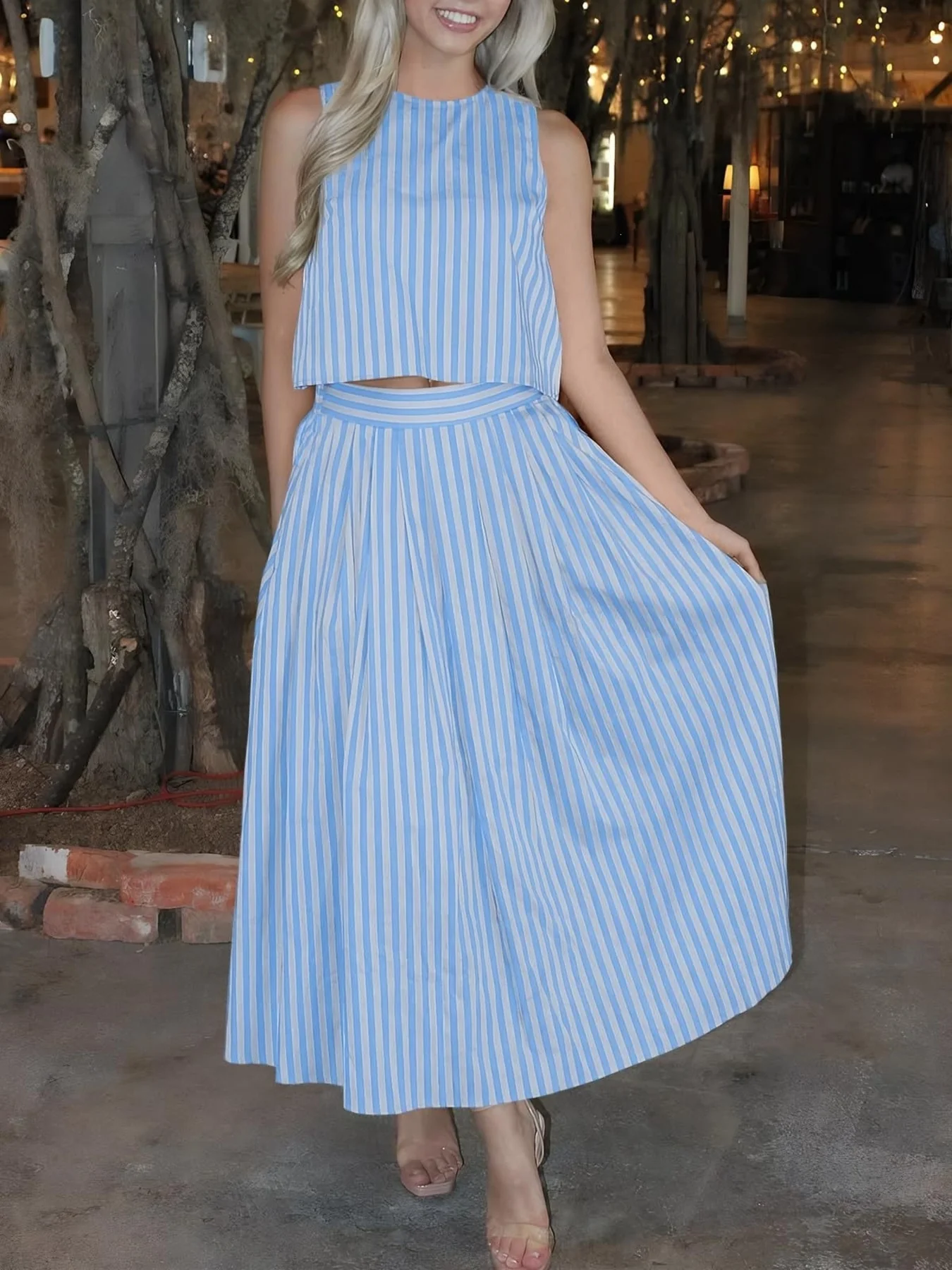 Striped Sleeveless Top and Midi Skirt Set - Image 5