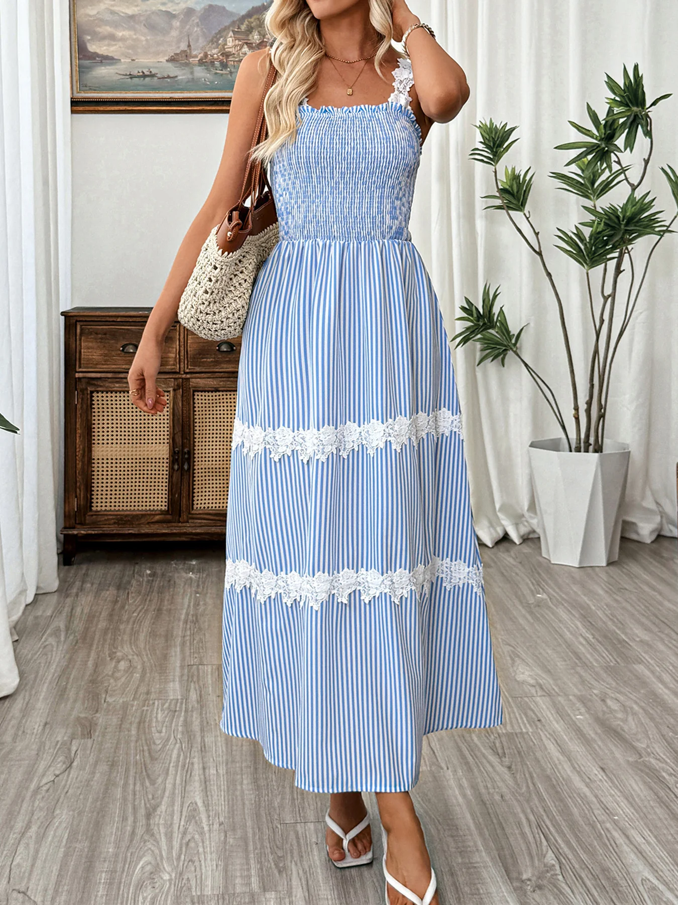Striped Smocked Lace Trim Midi Dress - Image 2
