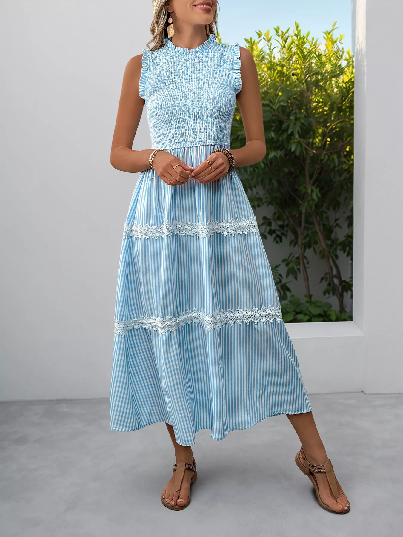 Striped Smocked Sleeveless Tiered Midi Dress - Image 2