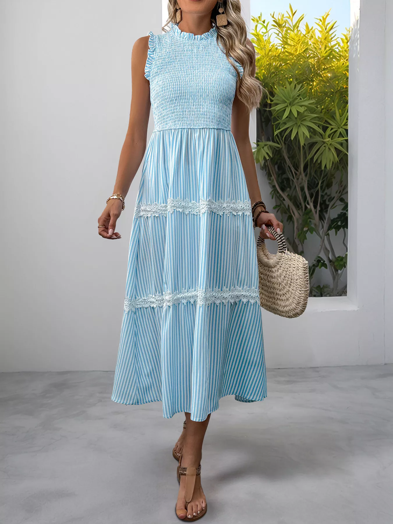 Striped Smocked Sleeveless Tiered Midi Dress - Image 3