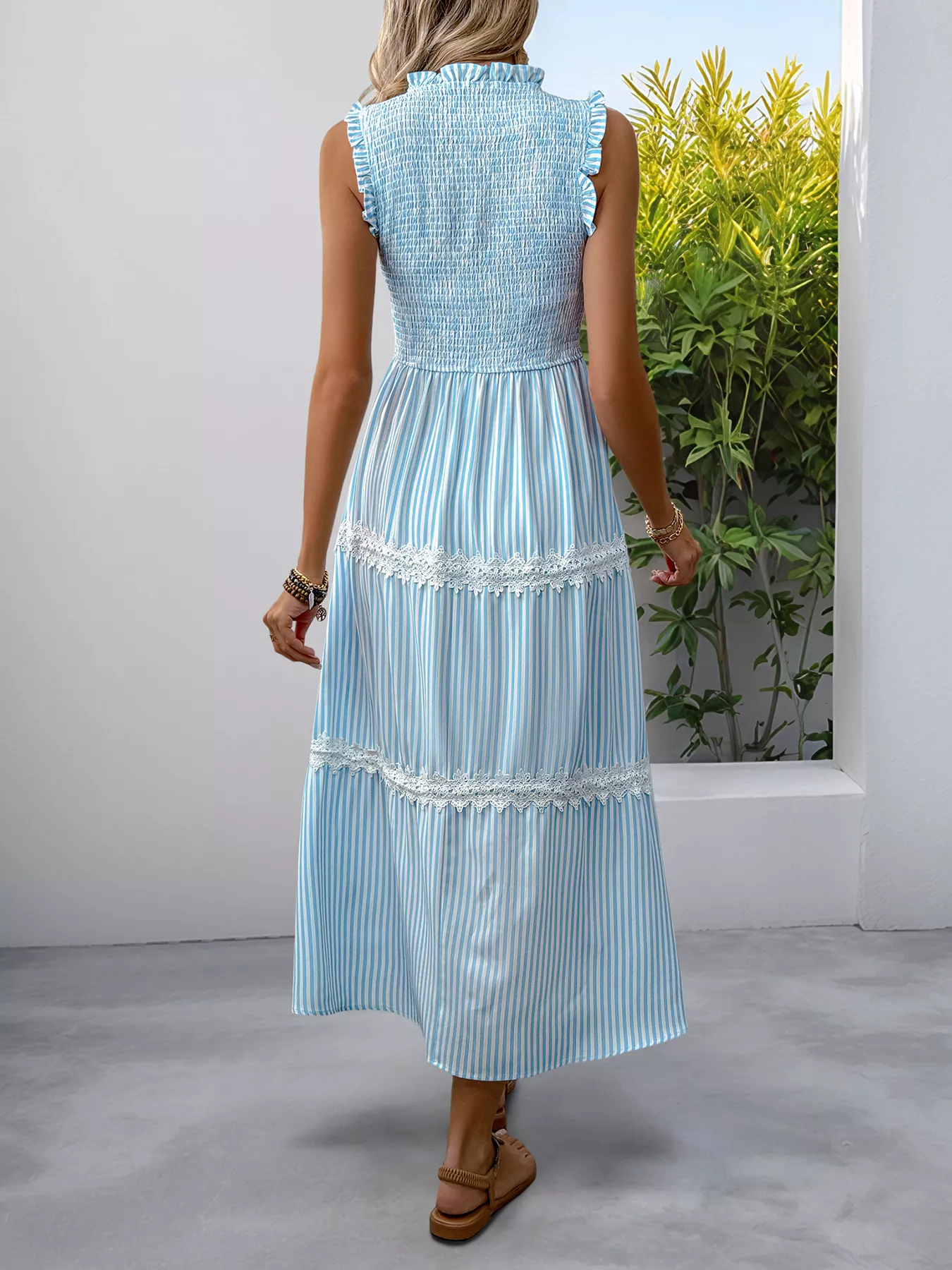 Striped Smocked Sleeveless Tiered Midi Dress - Image 5