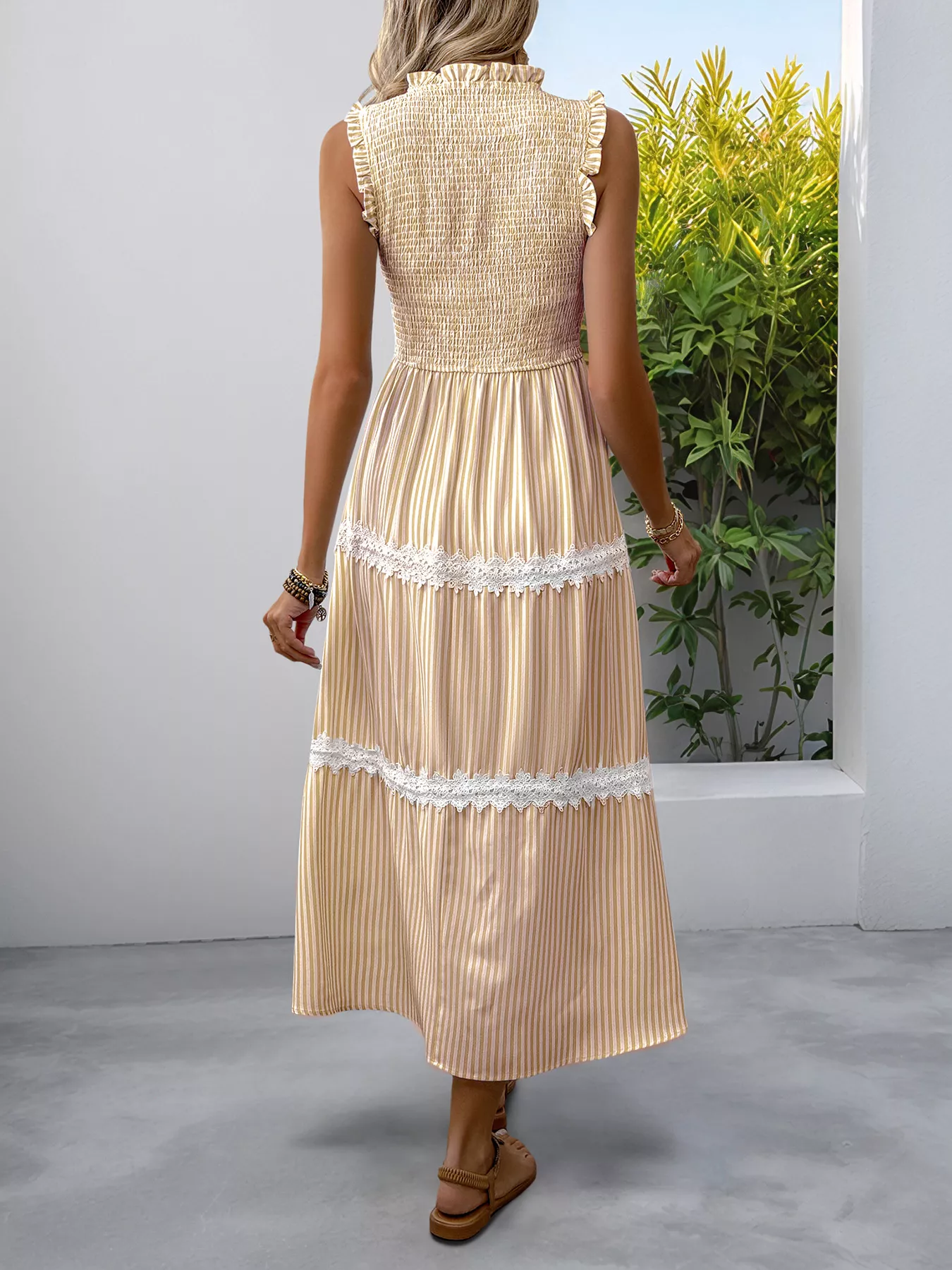Striped Smocked Sleeveless Tiered Midi Dress - Image 9