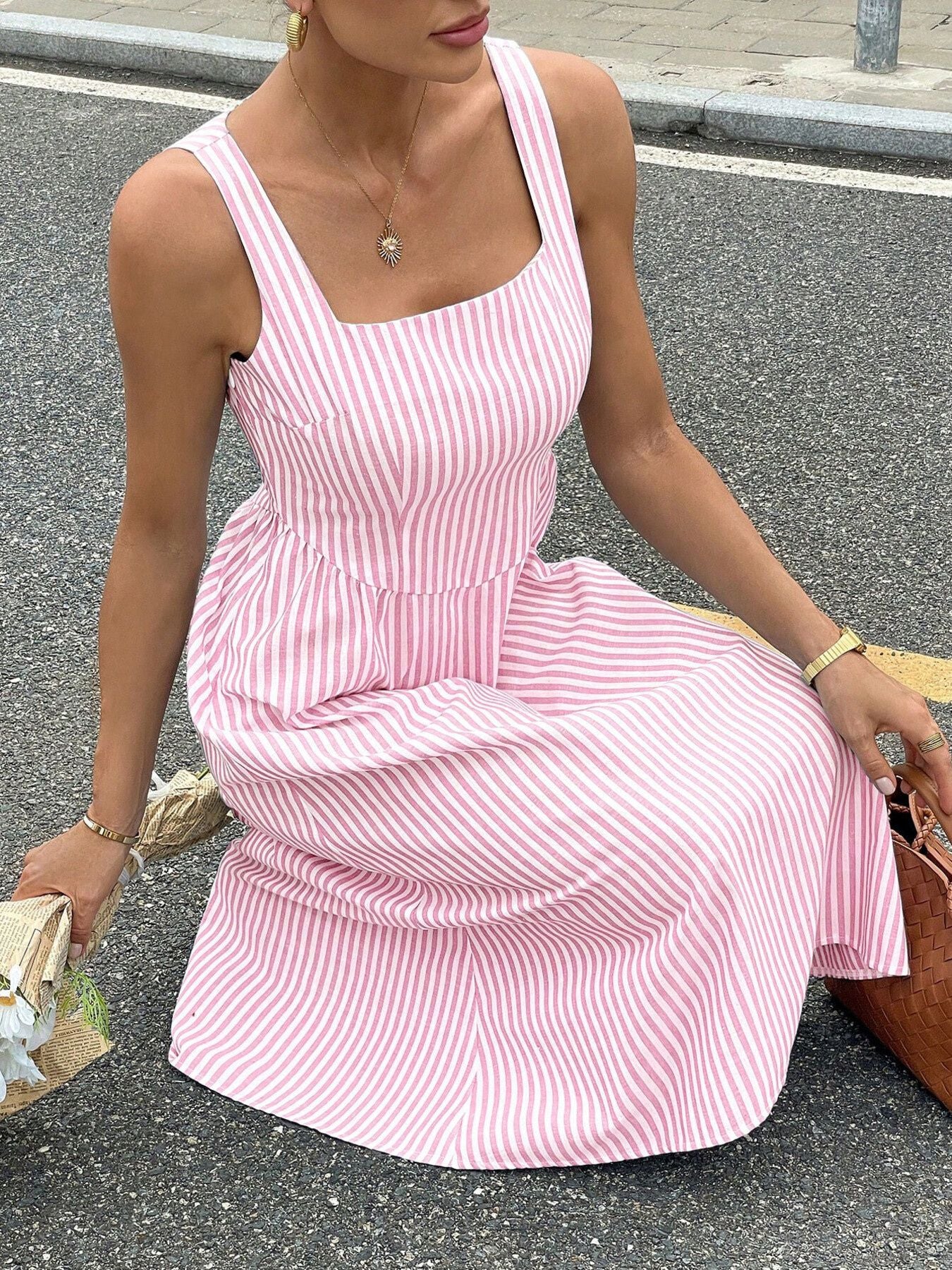 Striped Square Neck Midi Dress - Image 5
