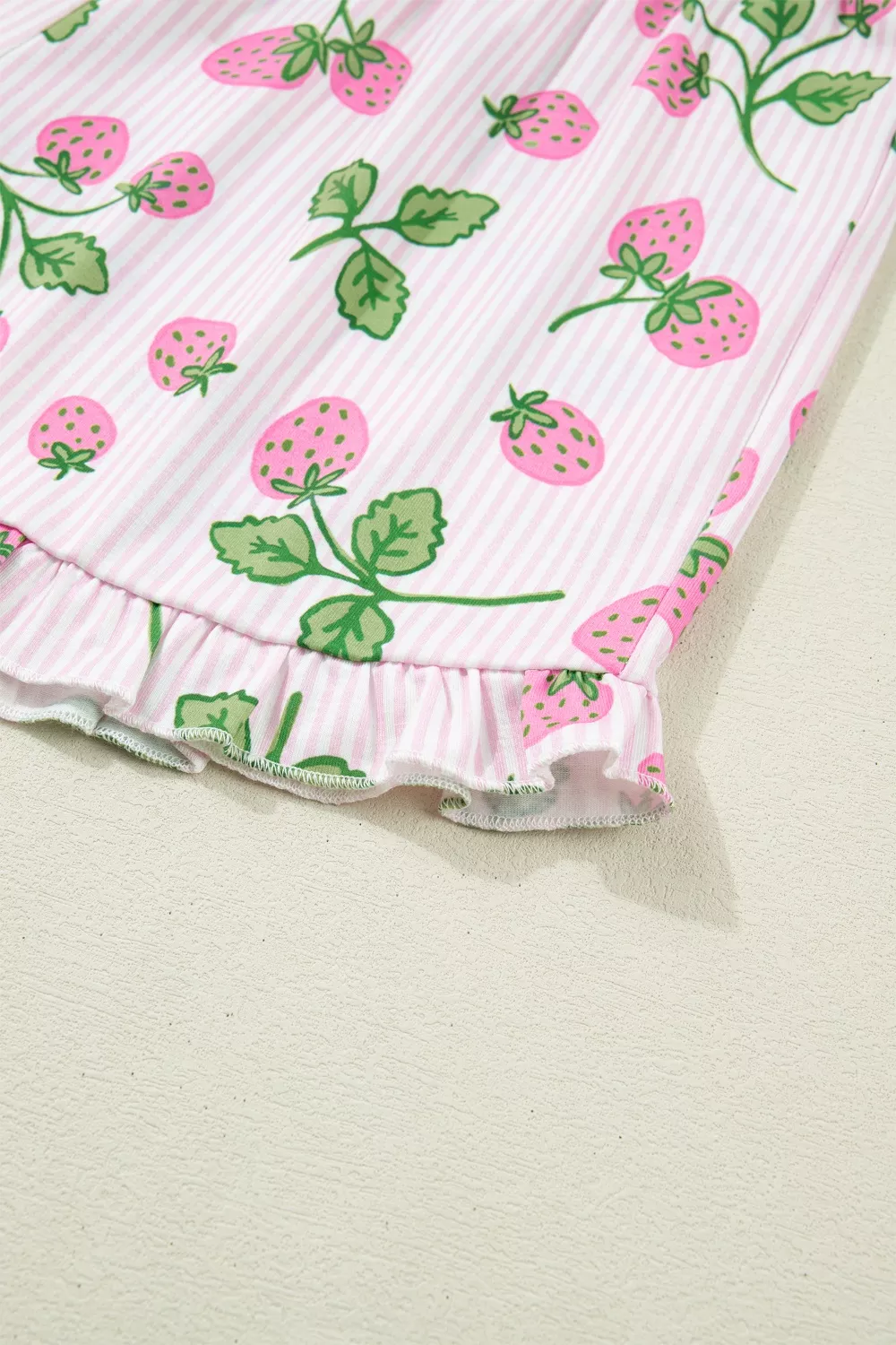 Striped Strawberry Print Lapel Shirt Drawstring Shorts 2pcs Pajama Set - Image 10
